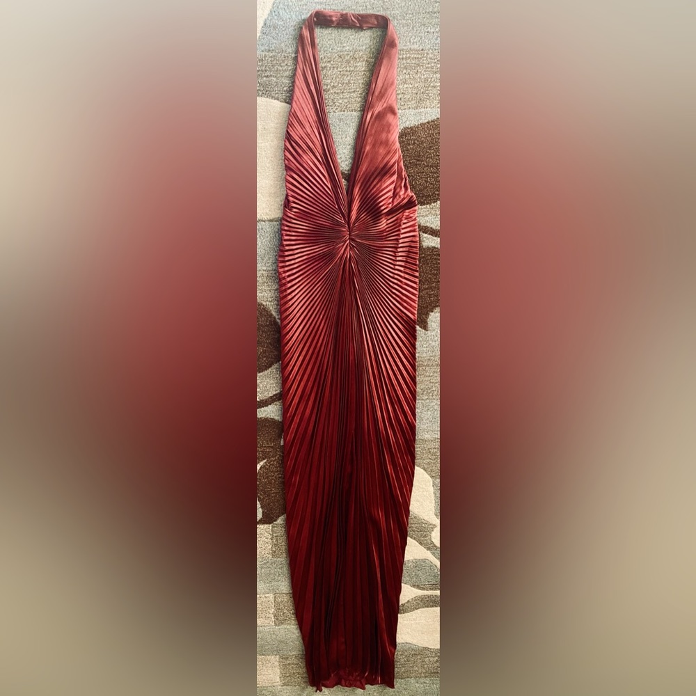 Carmen Marc Valvo Accordion Pleated Halter Gown w Front Slit in Brick